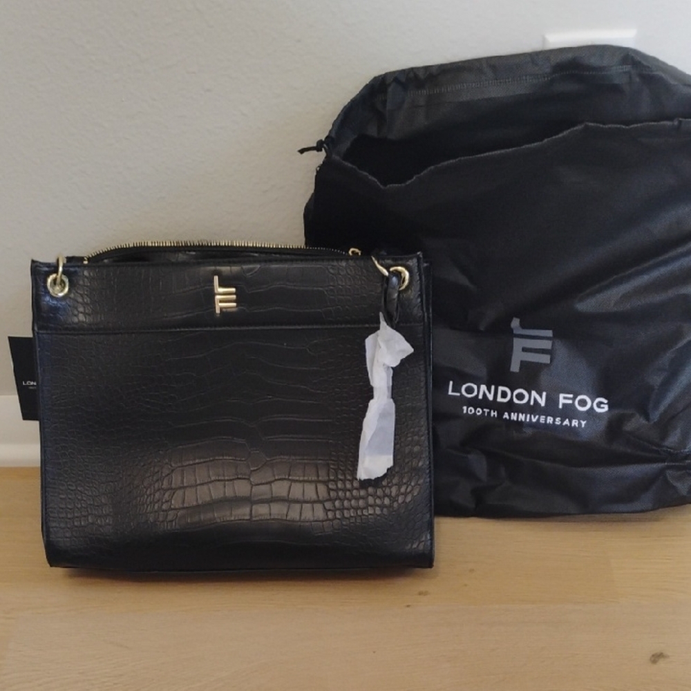 London Fog Black Croc-Embossed Tote